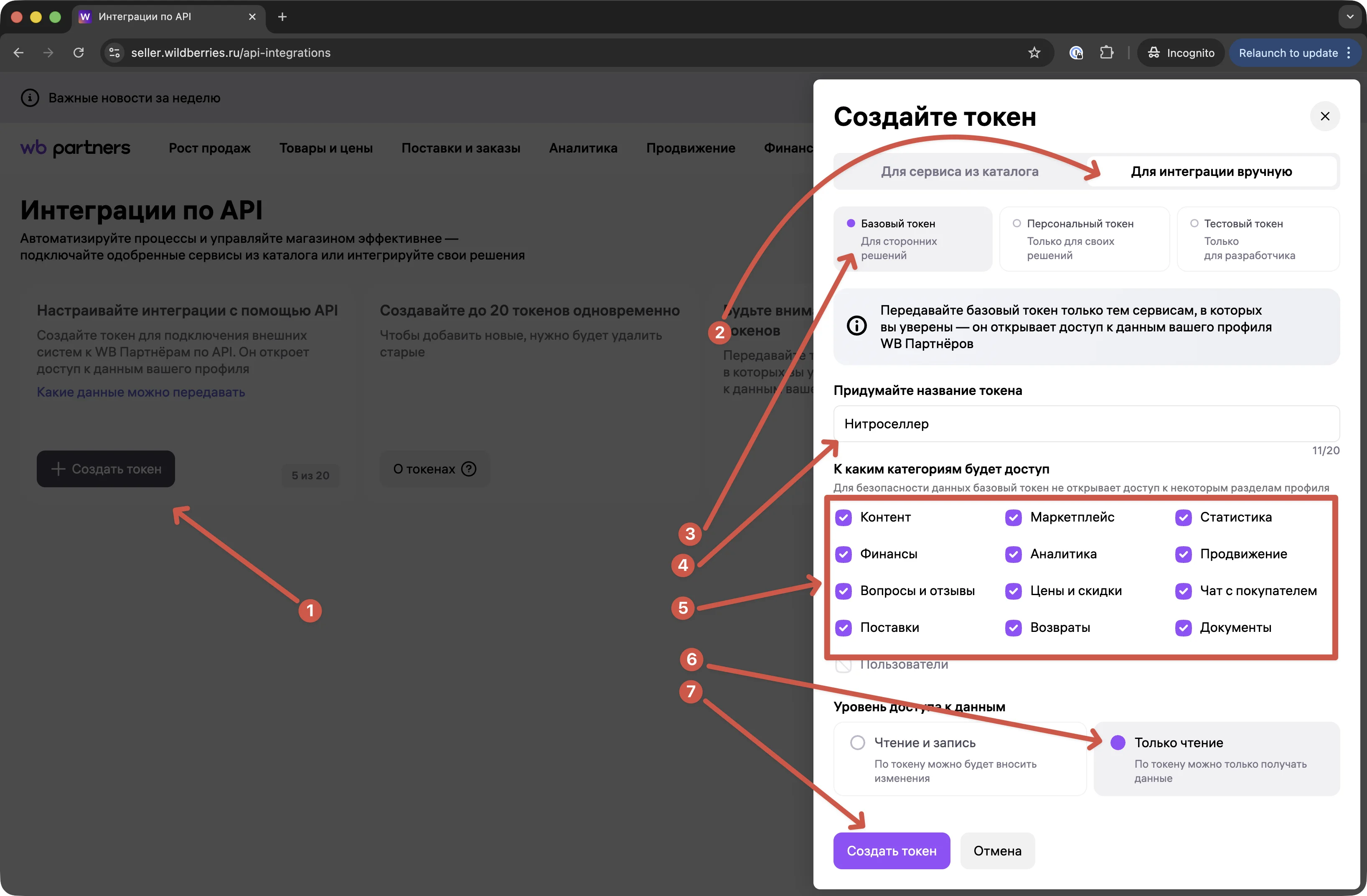 Все права для API-ключа Wildberries